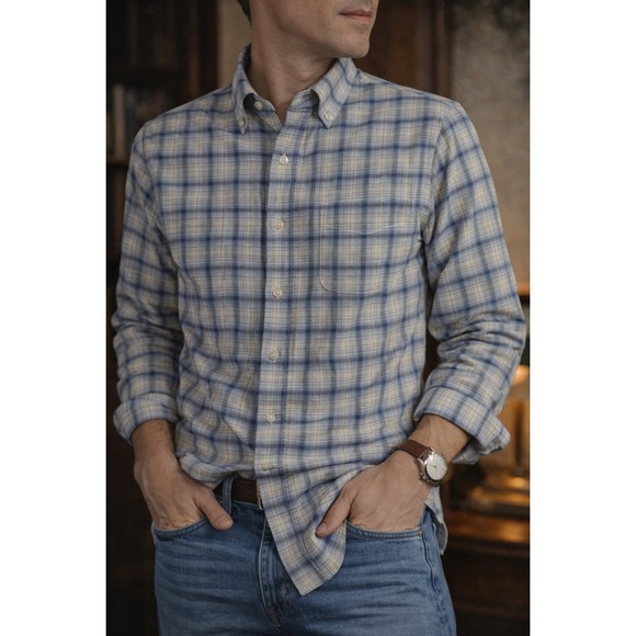 Vince Classic Fit Plaid Shirt – Men's M/M Blue Beige Button-Up